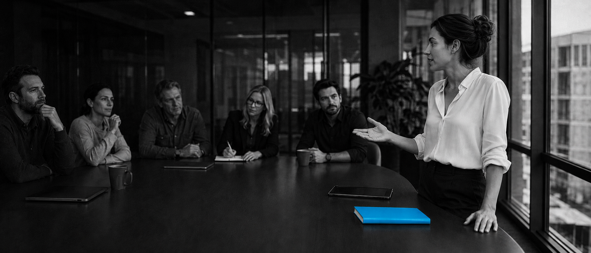 An analyst presenting The Verdict to a boardroom